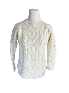 *Aran Woolen Mills Fisherman Sweater Womens Size S Ivory Soft Merino Cable Knit